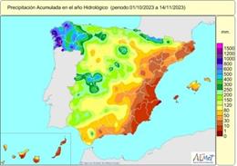 Precipitaciones acumuladas en España desde el inicio del año hidrológico el 1 de octubre de 2023 hasta el 14 de noviembre de este mismo año.