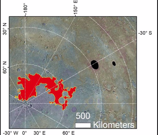 Una vista del terreno caótico del polo norte de Mercurio (Borealis Chaos) y los cráteres Raditladi y Eminescu donde se ha identificado evidencia de posibles glaciares.