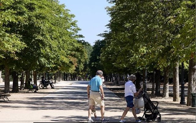 Abuelos  paseando a su nieto.