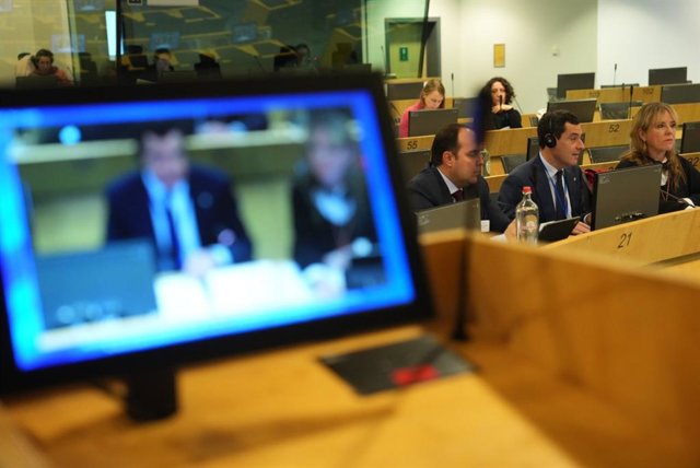 El presidente de la Junta de Andalucía, Juanma Moreno, este miércoles en la sede del Comité Europeo de las Regiones, en Bruselas