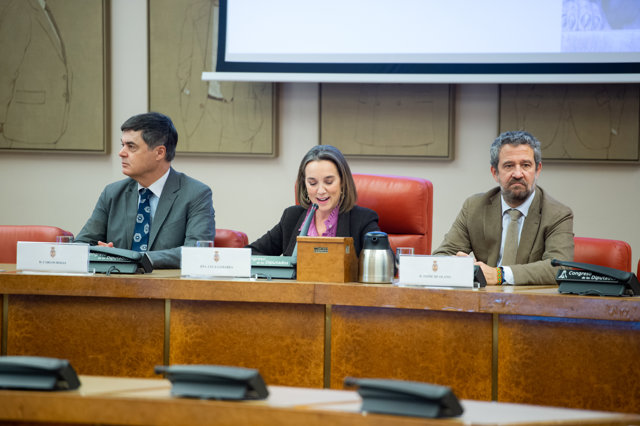 (I-D) El diputado del PP, Carlos Rojas, la secretaria general del PP, Cuca Gamarra, y el diputado del PP, Jaime de Olano, intervienen durante las Jornadas Parlamentarias 'Frente a la amnistía: igualdad, libertad y dignidad'.