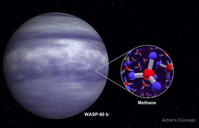 Representación artística del exoplaneta cálido WASP-80 b