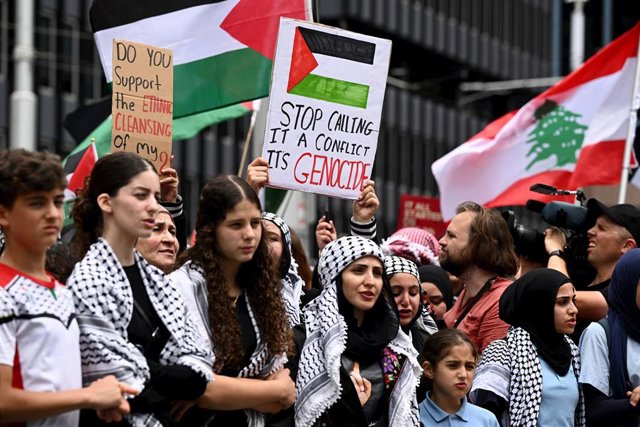 Manifestación en apoyo del pueblo palestino en Sídney, Australia.