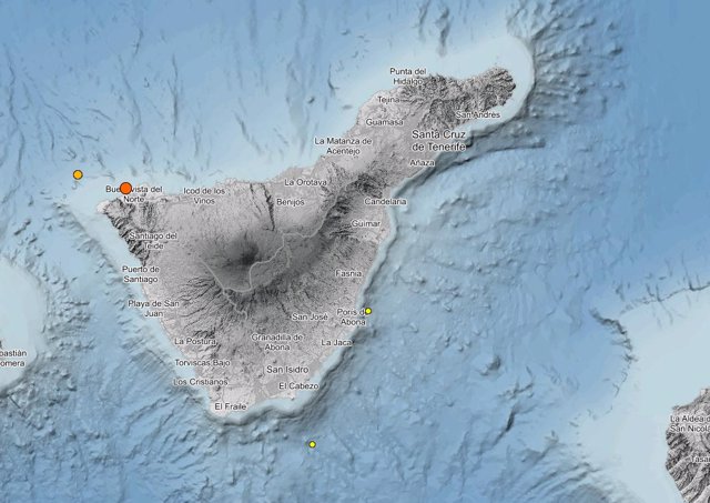 Mapa de Tenerife con la localización de los dos terremotos registrados en la Isla Baja