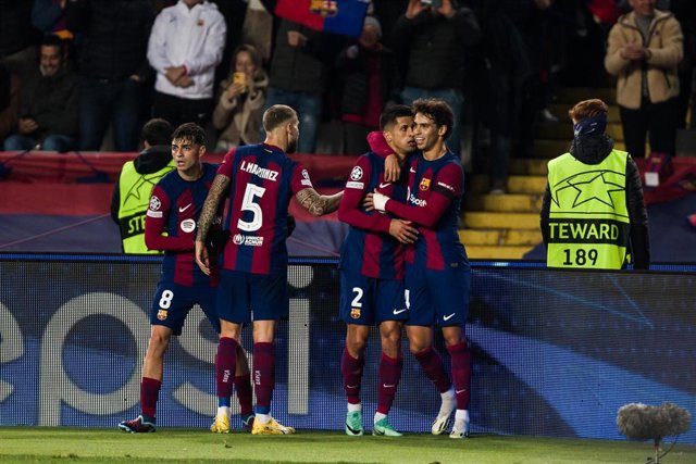 Joao Cancelo of FC Barcelona celebrates a goal during the UEFA Champions League Group H, match played between FC Barcelona and FC Porto at Olimpic de Montjuic stadium on November 28, 2023 in Barcelona, Spain.