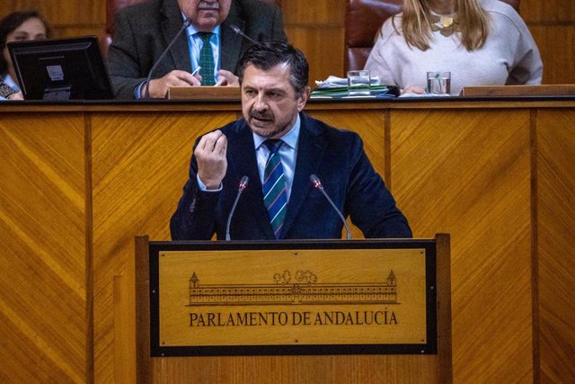 El portavoz parlamentario del PP-A, Toni Martín, este jueves en el Pleno del Parlamento en la jornada final del Debate sobre el estado de la Comunidad. 