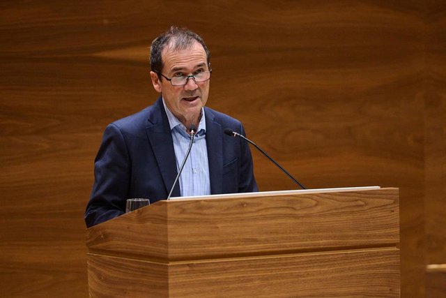 El parlamentario de Geroa Bai Mikel Asiáin interviene en el pleno del Parlamento de Navarra.