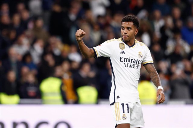 Rodrygo Goes of Real Madrid celebrates a goal during the Spanish League, LaLiga EA Sports, football match played between Real Madrid and Granada CF at Santiago Bernabeu stadium on December 02, 2023, in Madrid, Spain.