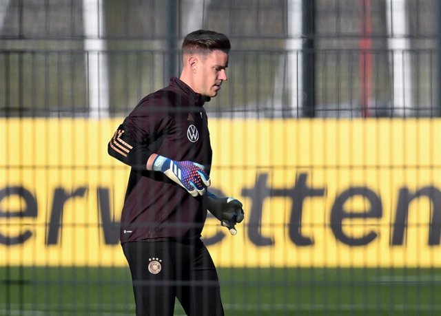 Goalkeeper Marc Andre ter Stegen warms up on a side pitch during a traning session of the German national team