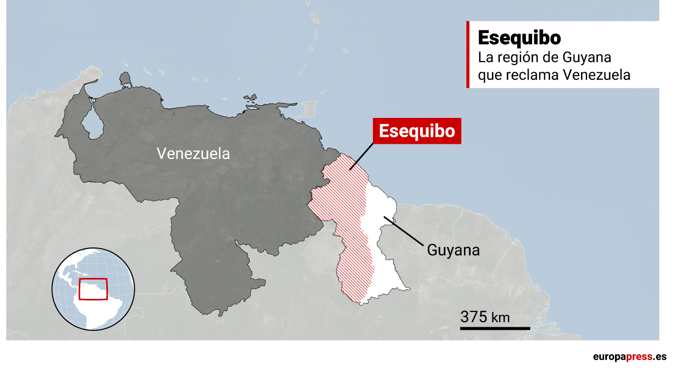Mapa que representa el Esquibo, la región de Guyana que reclama Venezuela.