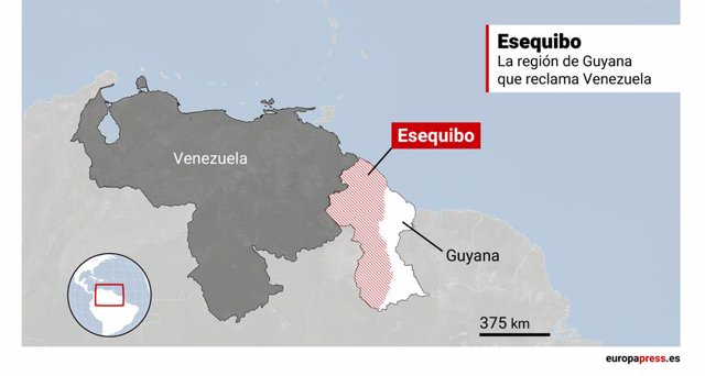 Mapa que representa l'Essquibo, la regió de Guyana que reclama Veneçuela