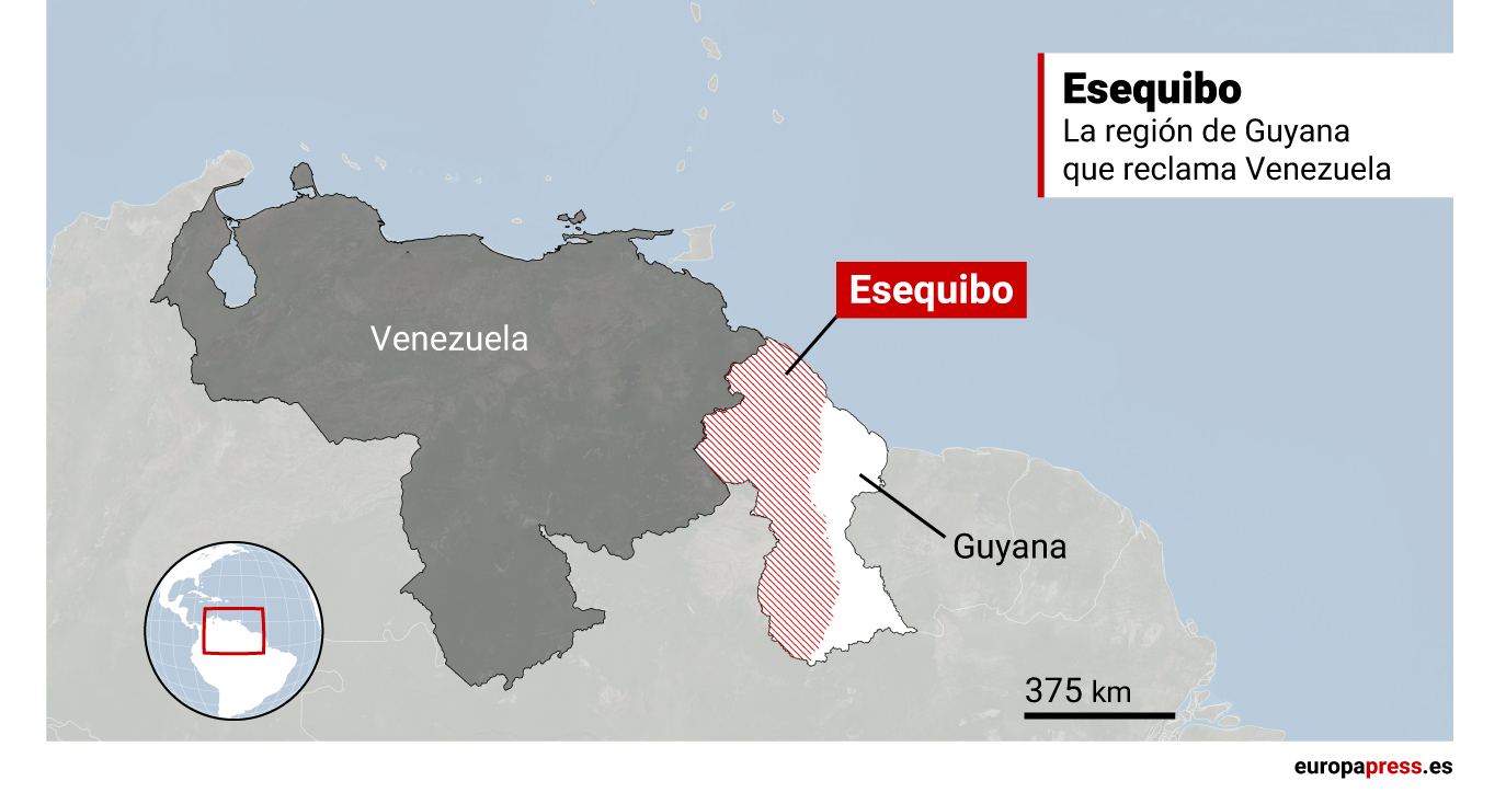 Mapa que representa el Esquibo, la región de Guyana que reclama Venezuela
