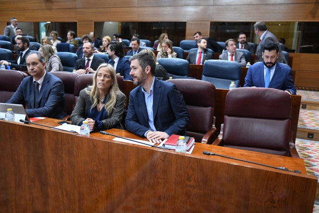 El consejero de Presidencia, Justicia y Administración Local, Miguel Ángel García, y la consejera de Economía, Hacienda y Empleo, Rocío Albert, conversan a su llegada a una sesión plenaria