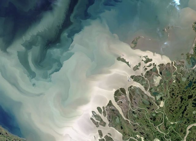 El sedimento del río Mackenzie de Canadá desemboca en el mar de Beaufort en remolinos lechosos en esta imagen satelital de 2017.