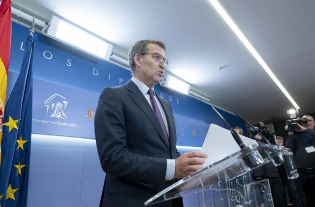 El líder del PP, Alberto Núñez Feijóo ofrece declaraciones a los medios de comunicación.