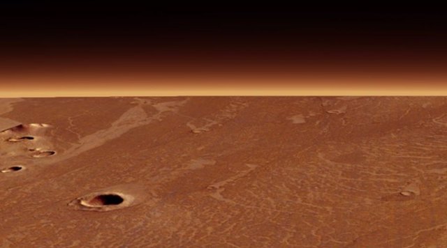 Esta imagen tomada por el orbitador Mars Express de la Agencia Espacial Europea muestra una vista oblicua que se centra en uno de los vastos flujos de lava en Elysium Planitia.
