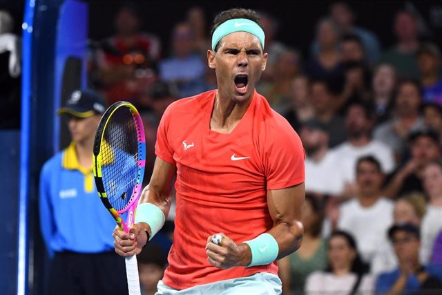 Rafael Nadal of Spain in action against Dominic Thiem of Austria during their match on Day 3 of the 2024 Brisbane International at the Queensland Tennis Centre in Brisbane, Tuesday, January 2, 2024. (AAP Image/Jono Searle) NO ARCHIVING, EDITORIAL USE ONLY