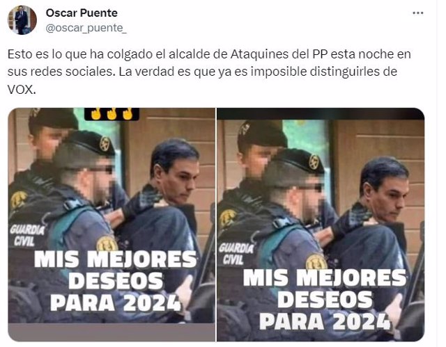 Post de Óscar Puente en el que critica el mensaje publicado por el alcalde del PP en Ataquines (Valladolid).