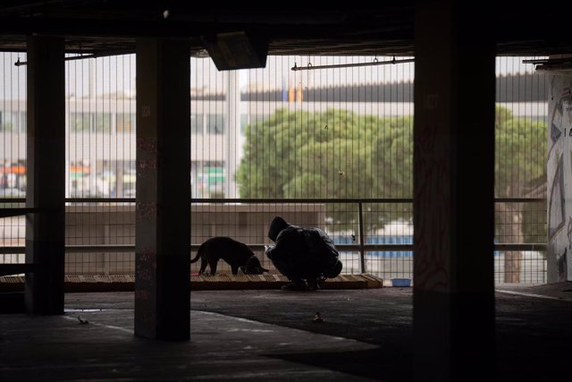 Archivo - Una persona con un perro en el Parking abandonado de la Terminal 2 del Aeropuerto de Barcelona-El Prat, a 30 de noviembre de 2022, en Barcelona, Catalunya (España). Este parking, donde han estado viviendo personas sin hogar pese a la suciedad ac