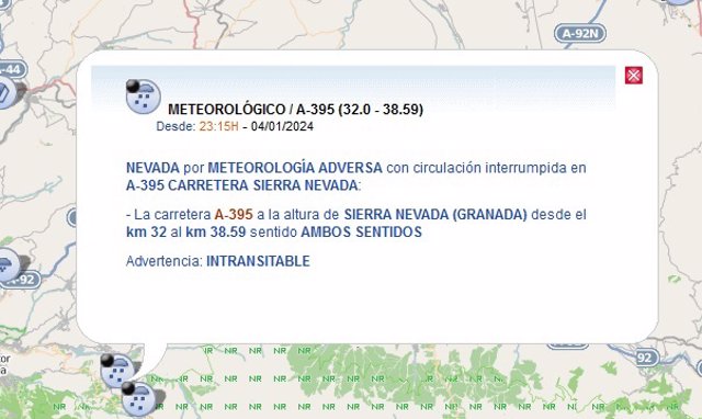 Cortada por nieve la A-395 sin afectar al acceso a la estación de esquí de Sierra Nevada