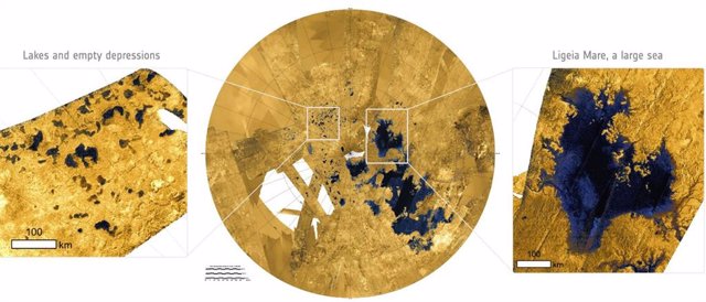 El radar atraviesa el espeso velo de smog de Titán, revelando lagos y un gran mar en la región del polo norte, capturados por la nave espacial Cassini. En Ligeia Mare se han visto aparecer y desaparecer puntos brillantes transitorios, “islas mágicas".