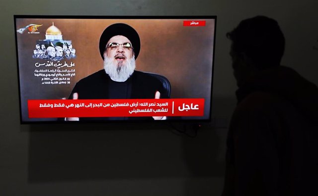 El líder del partido-milicia chií libanés Hezbolá, Hasán Nasralá, durante un discurso televisado
