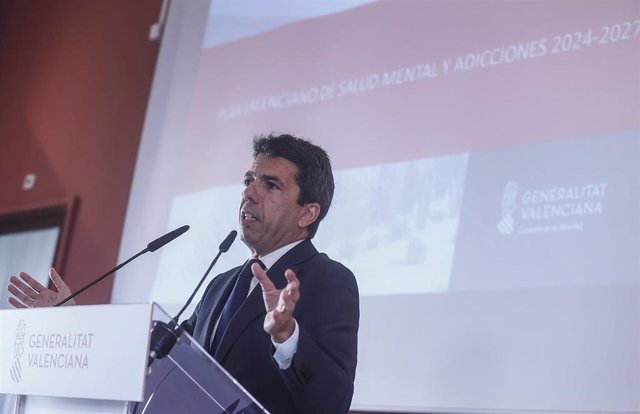 El 'president' de la Generalitat, Carlos Mazón, interviene durante la presentación del Plan Valenciano para la Salud Mental y las Adicciones 2024-2027