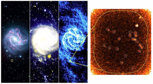 La investigación en el borde lejano de la galaxia M83 revela una formación estelar inusual en un entorno extremo. Esta área, delineada en amarillo, se muestra en datos de varios instrumentos diferentes.