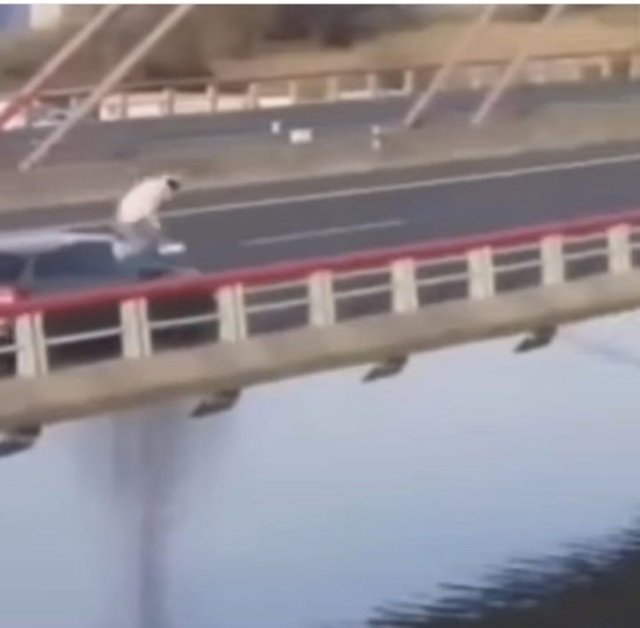 Captura de un vídeo que circula en redes sociales y en el que se ve a un joven lanzarse al agua desde un coche que circula por Colindres