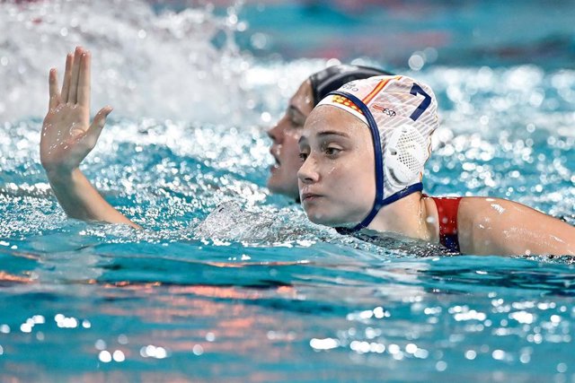 Elena Ruiz Barril of Spain reacts after goal during the match between team Spain (white cap) vs. Team France (blue cap) during the European Water Polo Championship Women 2024 at Pieter van den Hoogenband Zwemstadion in Eindhoven (Netherlands).