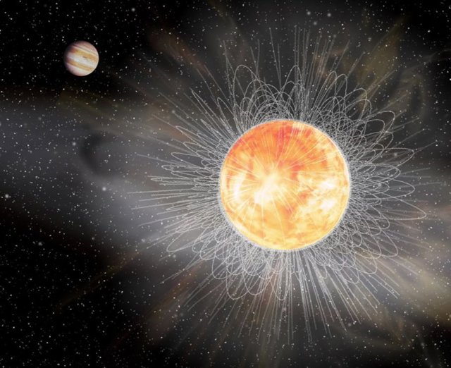 Imagen compuesta que ilustra el sistema 51 Pegasi y su campo magnético medido. El "frenado magnético débil" detectado de 51 Peg representa un cambio relativamente repentino que hace que el entorno magnético sea más estable.