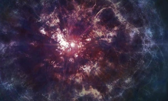 Interpretación artística de la explosión que generó una estrella inusual descubierta a 13.000 años luz de distancia, que puede sugerir una nueva forma en que las estrellas pueden morir.