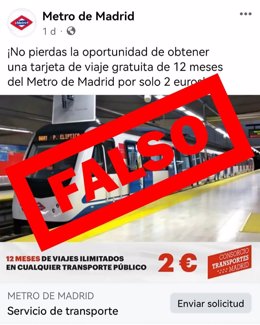 Metro de Madrid advierte de una estafa en la que se ofrece un bono de 12 meses de viajes gratis por 2 euros