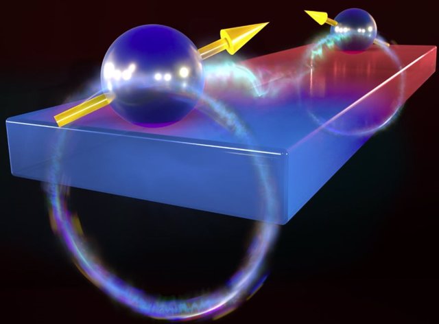 Los investigadores han demostrado que los qubits (representados por esferas y flechas) pueden "comunicarse" entre sí a través de un imán (representado por un sólido rectangular) en lugar de a través del aire.