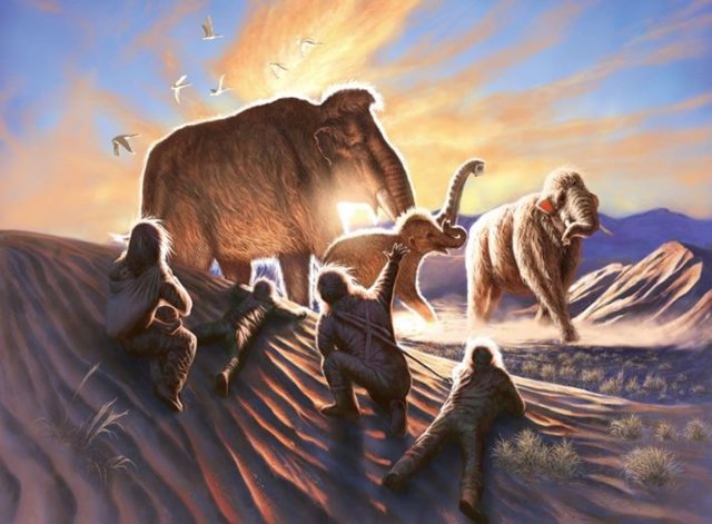 Ilustración artística de  las dunas cercanas al sitio arqueológico Swan Point, un campamento de caza estacional ocupado hace 14.000 años.