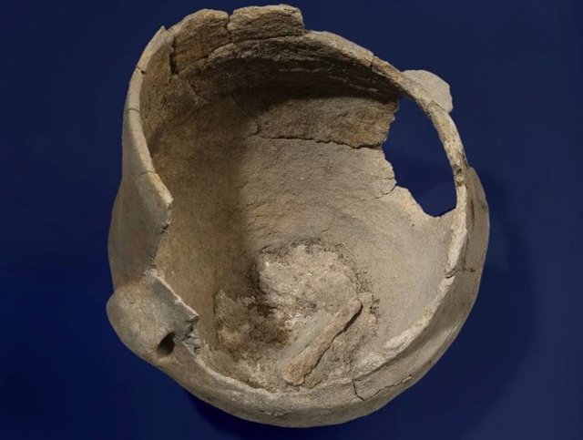Una mirada al interior de una olla de los primeros agricultores de Schleswig-Holstein: un vaso de precipitados de 5.000 años de antigüedad con residuos orgánicos quemados de Oldenburg LA 77