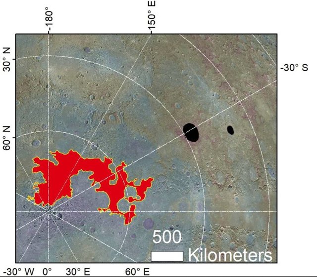 Una vista del terreno caótico del polo norte de Mercurio (Borealis Chaos) y los cráteres Raditladi y Eminescu donde se ha identificado evidencia de posibles glaciares.