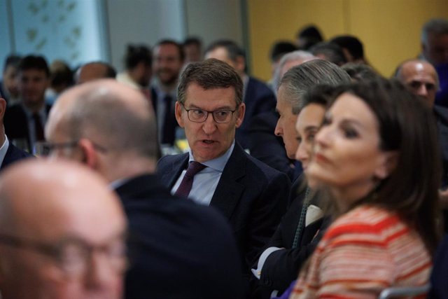 El presidente del PP, Alberto Núñez Feijóo, durante un desayuno informativo de Europa Press, en el hotel Hyatt Regency Hesperia, a 25 de enero de 2024, en Madrid (España).