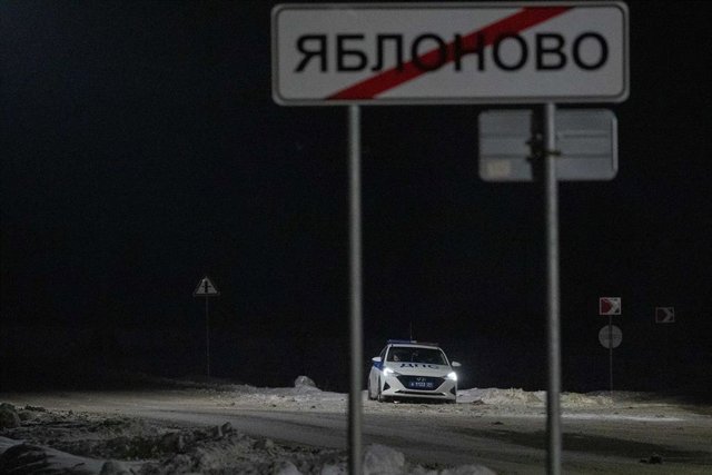 BELGOROD, Jan. 25, 2024  -- A police vehicle is seen on duty near the crash site of a military transport aircraft in Russian border city of Belgorod, Jan. 25, 2024.   The Russian Defense Ministry confirmed Wednesday that Ukraine launched two missiles at t