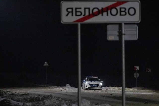 BELGOROD, Jan. 25, 2024  -- A police vehicle is seen on duty near the crash site of a military transport aircraft in Russian border city of Belgorod, Jan. 25, 2024.   The Russian Defense Ministry confirmed Wednesday that Ukraine launched two missiles at t