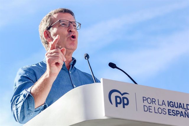 El presidente del Partido Popular, Alberto Núñez Feijóo, interviene durante una manifestación convocada por el PP, a 28 de enero de 2024, en Madrid (España). El PP se ha movilizado hoy para oponerse a los pactos entre el PSOE y el independentismo, tras el