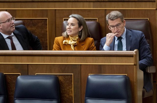 (I-D) El portavoz del Grupo Parlamentario Popular en el Congreso, Miguel Tellado; la secretaria general del Partido Popular, Cuca Gamarra, y el líder del PP, Alberto Núñez Feijóo, durante una sesión plenaria, en el Congreso de los Diputados, a 30 de enero
