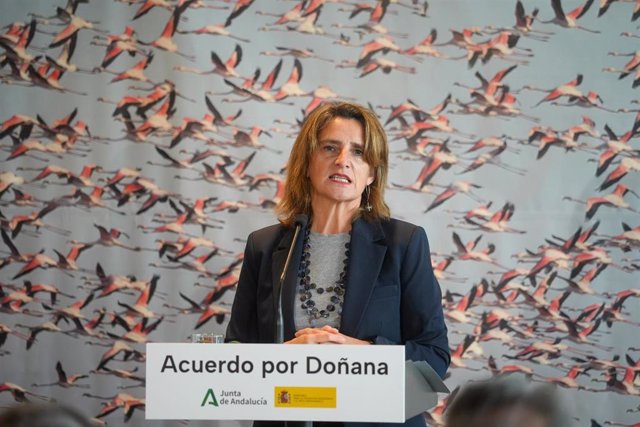 Archivo - Imagen de archivo de la ministra de Transición Ecológica y Reto Demográfico, Teresa Ribera, durante la rueda de prensa tras la firma del acuerdo del protocolo del Parque Nacional de Doñana. A 27 de noviembre de 2023, en Almonte, Huelva.