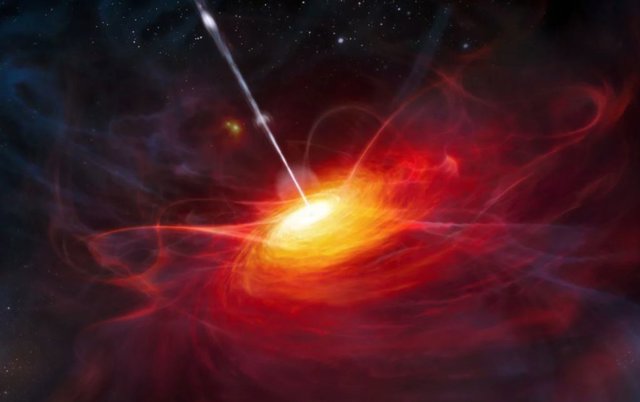 Impresión artística de un cuásar cuya región central se puso literalmente en movimiento en el universo primitivo.