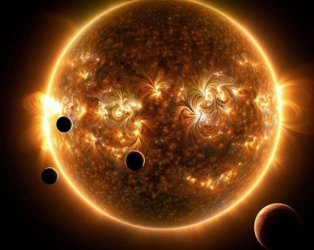 Representación artística del sistema TOI-1136 y su joven estrella