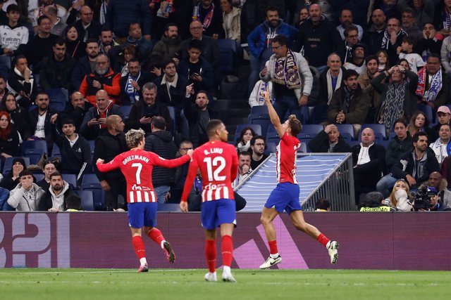 Marcos Llorente of Atletico de Madrid celebrates a goal during the Spanish League, LaLiga EA Sports, football match played between Real Madrid and Atletico de Madrid at Santiago Bernabeu stadium on February 04, 2024 in Madrid, Spain.