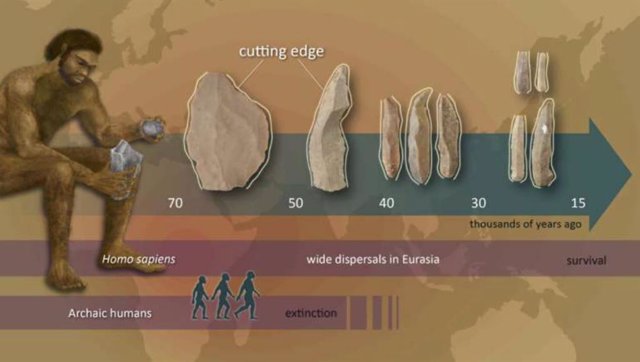 El aumento en la productividad de las herramientas de piedra de vanguardia (mostradas en líneas blancas) no ocurrió antes o al comienzo de las amplias dispersiones del Homo sapiens en Eurasia, sino que ocurrió posteriormente después de sus dispersiones