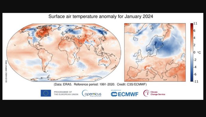 Anomalía de la temperatura del aire en superficie para enero de 2024 en relación con el promedio de enero para el período 1991-2020.