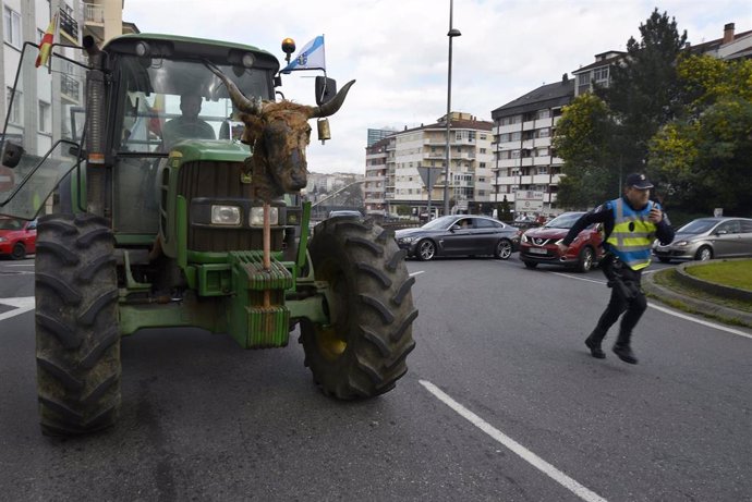 Un tractor de agricultor chega a Ourense durante unha manifestación na segunda xornada de protestas, a 7 de febreiro de 2024 en Ourense, Galicia (España). Agricultores e gandeiros de toda España sacaron os seus tractores ás estradas por segunda jorna