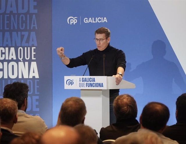 El presidente nacional del PP, Alberto Núñez Feijóo, interviene durante un mitin de campaña, en el Hotel Attika21 As Galeras de Oleiros, a 8 de febrero de 2024, en Oleiros, A Coruña, Galicia (España). Este es uno de los actos previos a los comicios galleg